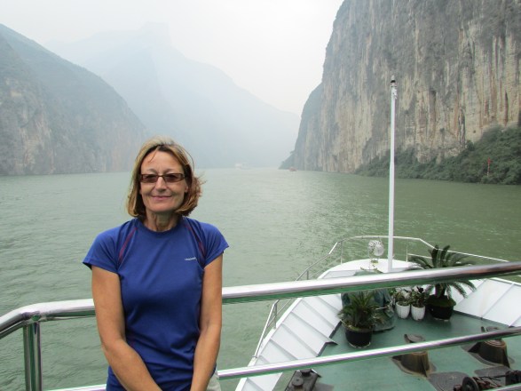 By gum it’s nippy. Sarah standing at the front of the MS Victoria V – the limestone cliffs on either side are nearly 600ft high